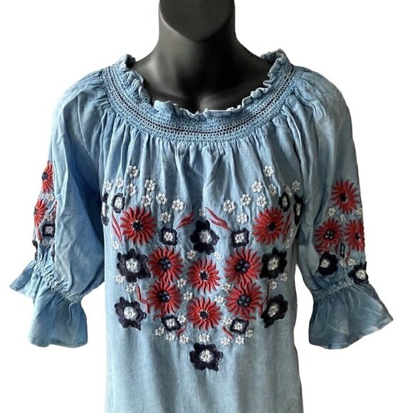 VTG 90s Rainforest Cafe Blue Chambray Floral Red Embroidered Dress Women’s S - Picture 3 of 10